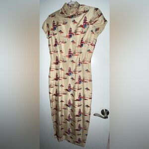 Shanghai Tang Beige Gold Midi 100% Silk Dress Qipao Embroidered Pagoda Size US 8